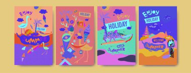 Yaz illüstrasyon poster, kapak ve reklam için kümesi. Retro ve vintage yaz tasarlamak. Yaz tatil arka plan şablonu 