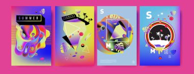 Renkli yaz poster ayarlayın. Tropikal yaz tasarım şablonu ve kapak. Yaz resimde unsurlar ve arka plan 