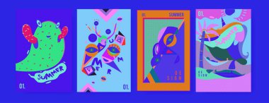 Yaz illüstrasyon poster, kapak ve reklam için kümesi. Retro ve vintage yaz tasarlamak. Yaz tatil arka plan şablonu 