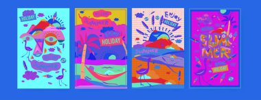 Yaz illüstrasyon poster, kapak ve reklam için kümesi. Retro ve vintage yaz tasarlamak. Yaz tatil arka plan şablonu 