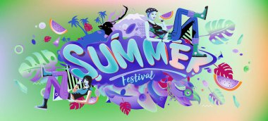 Yaz afiş renkli doodle arka plan ile. Olay ve satış promosyon posteri için tasarım şablonu.