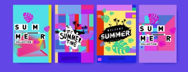 Yaz renkli poster tasarım şablonu. Yaz satış arka plan ve örnek kümesi. Yaz olay poster ve başlık sayfası için minimalist tasarım stil 