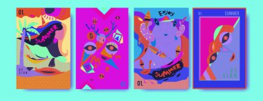 Yaz illüstrasyon poster, kapak ve reklam için kümesi. Retro ve vintage yaz tasarlamak. Yaz tatil arka plan şablonu 