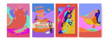 Yaz illüstrasyon poster, kapak ve reklam için kümesi. Retro ve vintage yaz tasarlamak. Yaz tatil arka plan şablonu 