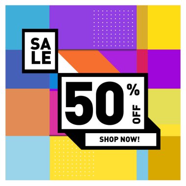 Tatil Satılık memphis tarzı web afiş. Moda ve seyahat poster indirim. Vektör tatil soyut renkli resimde kampanya ve promosyon.