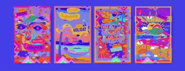 Yaz illüstrasyon poster, kapak ve reklam için kümesi. Retro ve vintage yaz tasarlamak. Yaz tatil arka plan şablonu 