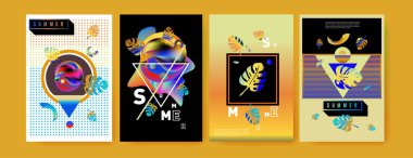 Renkli yaz poster ayarlayın. Tropikal yaz tasarım şablonu ve kapak. Yaz resimde unsurlar ve arka plan 