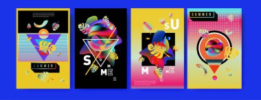 Renkli yaz poster ayarlayın. Tropikal yaz tasarım şablonu ve kapak. Yaz resimde unsurlar ve arka plan 