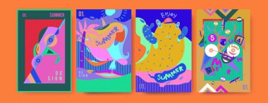 Yaz illüstrasyon poster, kapak ve reklam için kümesi. Retro ve vintage yaz tasarlamak. Yaz tatil arka plan şablonu 