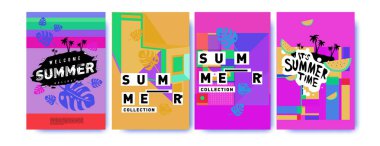 Yaz renkli poster tasarım şablonu. Yaz satış arka plan ve örnek kümesi. Yaz olay poster ve başlık sayfası için minimalist tasarım stil 