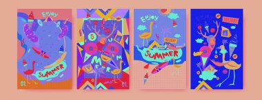 Yaz illüstrasyon poster, kapak ve reklam için kümesi. Retro ve vintage yaz tasarlamak. Yaz tatil arka plan şablonu 