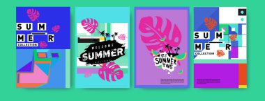 Yaz renkli poster tasarım şablonu. Yaz satış arka plan ve örnek kümesi. Yaz olay poster ve başlık sayfası için minimalist tasarım stil 