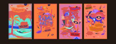 Yaz illüstrasyon poster, kapak ve reklam için kümesi. Retro ve vintage yaz tasarlamak. Yaz tatil arka plan şablonu 