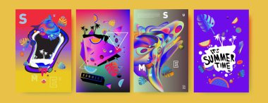 Renkli yaz poster ayarlayın. Tropikal yaz tasarım şablonu ve kapak. Yaz resimde unsurlar ve arka plan 