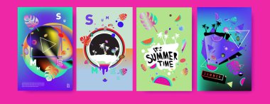 Renkli yaz poster ayarlayın. Tropikal yaz tasarım şablonu ve kapak. Yaz resimde unsurlar ve arka plan 