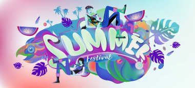 Yaz afiş renkli doodle arka plan ile. Olay ve satış promosyon posteri için tasarım şablonu.