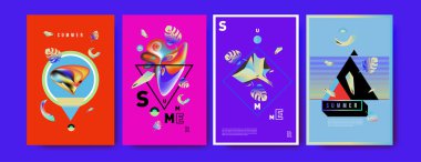 Renkli yaz poster ayarlayın. Tropikal yaz tasarım şablonu ve kapak. Yaz resimde unsurlar ve arka plan 