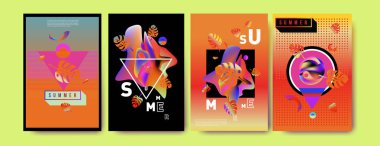 Renkli yaz poster ayarlayın. Tropikal yaz tasarım şablonu ve kapak. Yaz resimde unsurlar ve arka plan 