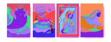 Yaz illüstrasyon poster, kapak ve reklam için kümesi. Retro ve vintage yaz tasarlamak. Yaz tatil arka plan şablonu 