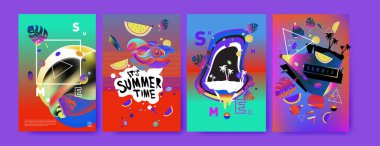 Renkli yaz poster ayarlayın. Tropikal yaz tasarım şablonu ve kapak. Yaz resimde unsurlar ve arka plan 