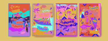 Yaz illüstrasyon poster, kapak ve reklam için kümesi. Retro ve vintage yaz tasarlamak. Yaz tatil arka plan şablonu 