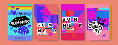 Yaz renkli poster tasarım şablonu. Yaz satış arka plan ve örnek kümesi. Yaz olay poster ve başlık sayfası için minimalist tasarım stil 