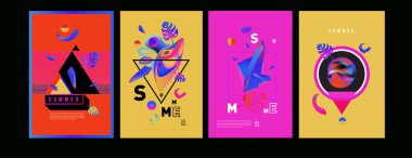 Renkli yaz poster ayarlayın. Tropikal yaz tasarım şablonu ve kapak. Yaz resimde unsurlar ve arka plan 