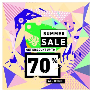 Yaz satış memphis tarzı web afiş. Moda ve seyahat poster indirim. Vektör tatil soyut renkli resimde kampanya ve promosyon.