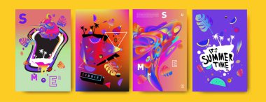 Renkli yaz poster ayarlayın. Tropikal yaz tasarım şablonu ve kapak. Yaz resimde unsurlar ve arka plan 