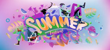 Yaz afiş renkli doodle arka plan ile. Olay ve satış promosyon posteri için tasarım şablonu.