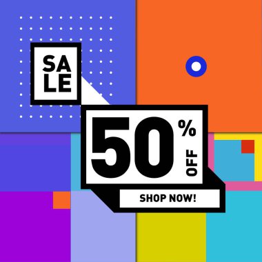 Tatil Satılık memphis tarzı web afiş. Moda ve seyahat poster indirim. Vektör tatil soyut renkli resimde kampanya ve promosyon.