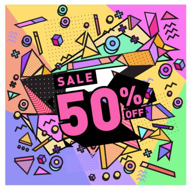 Yaz satış memphis tarzı web afiş. Moda ve seyahat poster indirim. Vektör tatil soyut renkli resimde kampanya ve promosyon.