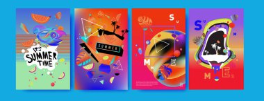 Renkli yaz poster ayarlayın. Tropikal yaz tasarım şablonu ve kapak. Yaz resimde unsurlar ve arka plan 