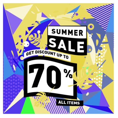 Yaz satış memphis tarzı web afiş. Moda ve seyahat poster indirim. Vektör tatil soyut renkli resimde kampanya ve promosyon.