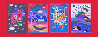 Yaz illüstrasyon poster, kapak ve reklam için kümesi. Retro ve vintage yaz tasarlamak. Yaz tatil arka plan şablonu 