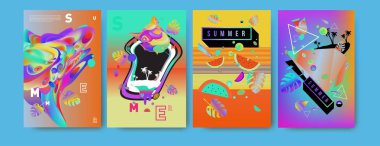Renkli yaz poster ayarlayın. Tropikal yaz tasarım şablonu ve kapak. Yaz resimde unsurlar ve arka plan 