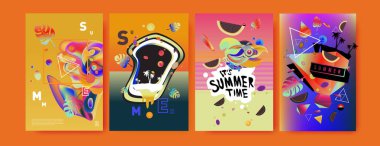Renkli yaz poster ayarlayın. Tropikal yaz tasarım şablonu ve kapak. Yaz resimde unsurlar ve arka plan 