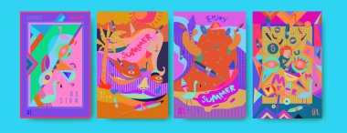 Yaz illüstrasyon poster, kapak ve reklam için kümesi. Retro ve vintage yaz tasarlamak. Yaz tatil arka plan şablonu 