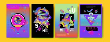 Renkli yaz poster ayarlayın. Tropikal yaz tasarım şablonu ve kapak. Yaz resimde unsurlar ve arka plan 