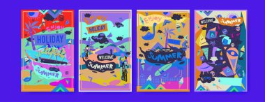 Yaz illüstrasyon poster, kapak ve reklam için kümesi. Retro ve vintage yaz tasarlamak. Yaz tatil arka plan şablonu 