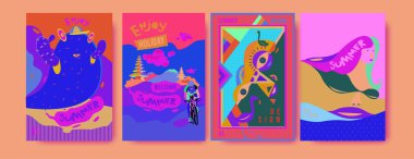Yaz illüstrasyon poster, kapak ve reklam için kümesi. Retro ve vintage yaz tasarlamak. Yaz tatil arka plan şablonu 