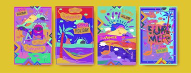 Yaz illüstrasyon poster, kapak ve reklam için kümesi. Retro ve vintage yaz tasarlamak. Yaz tatil arka plan şablonu 