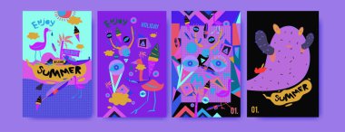 Yaz illüstrasyon poster, kapak ve reklam için kümesi. Retro ve vintage yaz tasarlamak. Yaz tatil arka plan şablonu 