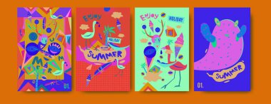 Yaz illüstrasyon poster, kapak ve reklam için kümesi. Retro ve vintage yaz tasarlamak. Yaz tatil arka plan şablonu 