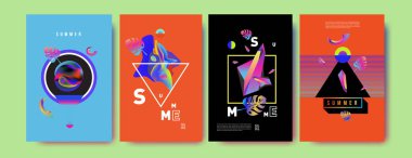 Renkli yaz poster ayarlayın. Tropikal yaz tasarım şablonu ve kapak. Yaz resimde unsurlar ve arka plan 