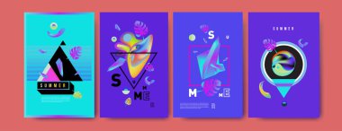 Renkli yaz poster ayarlayın. Tropikal yaz tasarım şablonu ve kapak. Yaz resimde unsurlar ve arka plan 