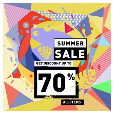 Yaz satış memphis tarzı web afiş. Moda ve seyahat poster indirim. Vektör tatil soyut renkli resimde kampanya ve promosyon.