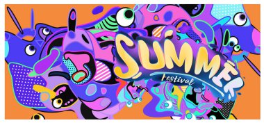 Yaz afiş renkli doodle arka plan ile. Olay ve satış promosyon posteri için tasarım şablonu.