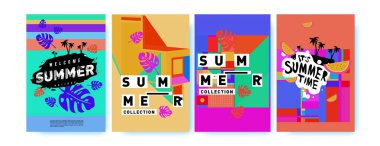 Yaz renkli poster tasarım şablonu. Yaz satış arka plan ve örnek kümesi. Yaz olay poster ve başlık sayfası için minimalist tasarım stil 