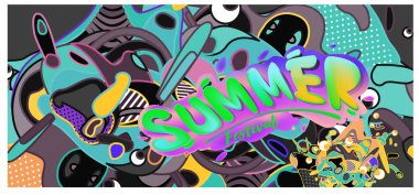 Yaz afiş renkli doodle arka plan ile. Olay ve satış promosyon posteri için tasarım şablonu.